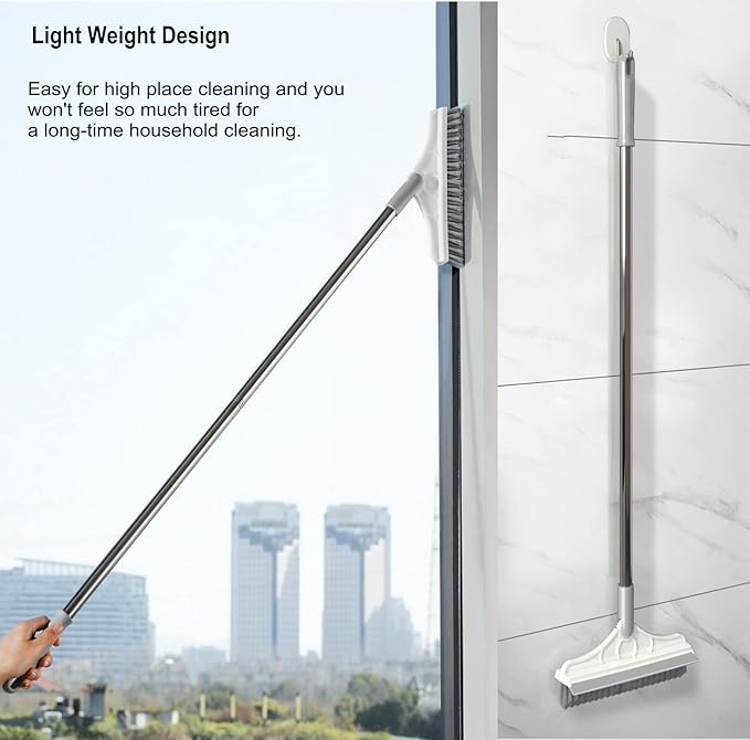 2 in 1 Floor Scrub Brush with V-Shape Stiff PVC Bristles, Stainless Steel Handle, Silver, 9x1.78x15.7 inches, 1 Count