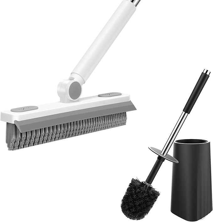 SetSail Grout Cleaner Brush with Long Handle & Compact Size Toilet Bowl Brush and Holder, V-Shaped Floor Scrub Brush Swivel Grout Brush Stiff Bristle Floor Grout Scrubber for Bathroom