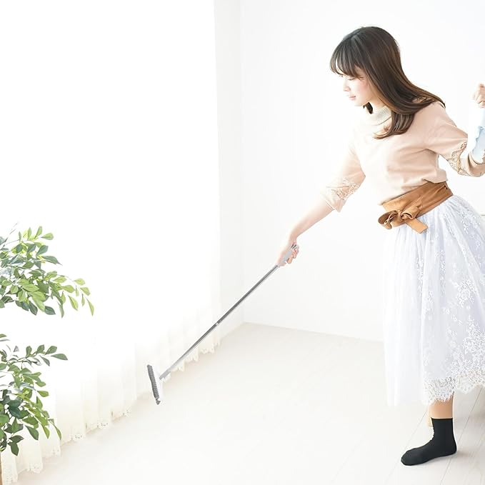Upgraded Floor Scrub Brush with Long Handle for Bathroom and Tile Cleaning Plastic Construction Dual-Sided Design for Grout and Corner Scrubbing Hanging for Easy Storage White-Grey