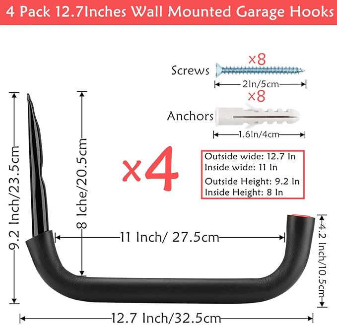 12.7 Inch Heavy Duty Large Tool Hanger, 4 Pack Wall Mounted Garage Storage Hooks, Indoor Black + Red 12.7Inches x 9.2Inches