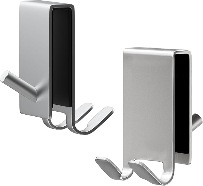 Shower Door Hook, Double-Sided Hook for Frameless Shower Doors (3.14 Inch), Heavy-Duty Stainless Steel Hook for Bathrobes and Towels, No Drilling or Adhesive Required, 2-Pack, Silver