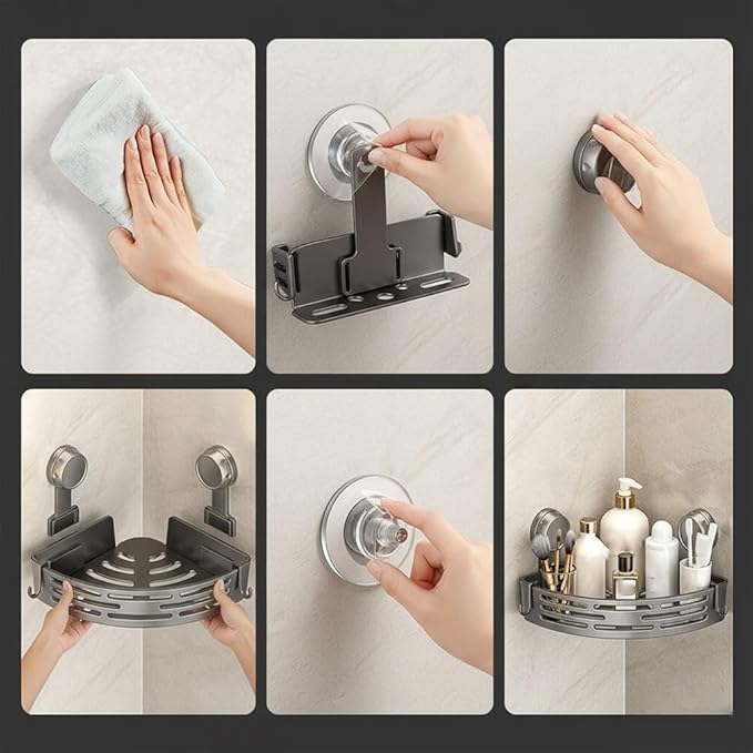 Suction Cup Corner Shower Caddy - Rust Proof Bathroom Shelf - No Drill Removable Storage Rack with Hooks for Suite Dorm, RV & Tile Walls (Matte Black, 1PCS)