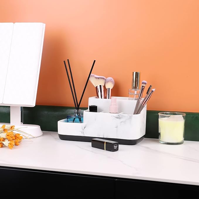 ZCCZ Toothbrush Holder Organizer - Multi-Functional Bathroom Storage for Makeup, Skincare, and Accessories - White Marble Look Countertop Organizer for Sink and Vanity Spaces