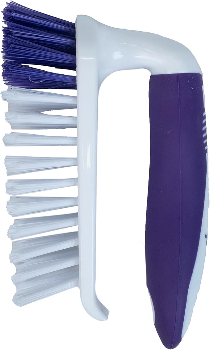 Fabuloso Cleaning Brush with Handle, Compact Handheld Household Scrub Brush for Kitchen, Bathroom, Baseboards, Tile and Floors, Firm Bristles for Indoor Surface Cleaning, White and Purple, 5.5 Inch