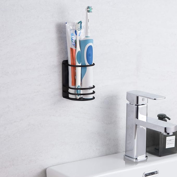 Toothbrush Holder Wall Mounted, Bathroom Storage Stand for Razor, Toothpaste - Self Adhesive, Stainless Steel, Black