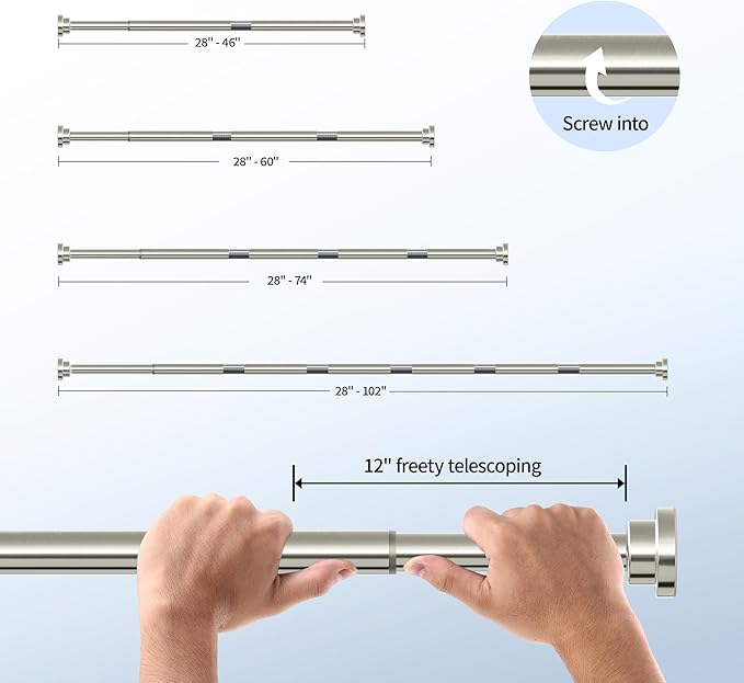Shower Curtain Rod, 1" Diameter Heavy Duty Tension Shower Rod, Non Slip Adjustable 28-102 inch No Drill Shower Curtain Rods Spring Tension For Bathroom, Shower Stall, No Rust, Brushed Nickel