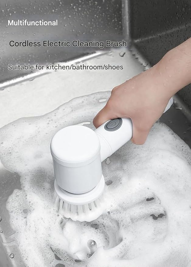 Electric Cleaning Brush Household Multi-Functional Handheld Dishwashing Brush 360° Rotation with 5 Brush Heads Waterproof Body for Dishwashing, Kitchen Cleaning, Door and Window Cleaning