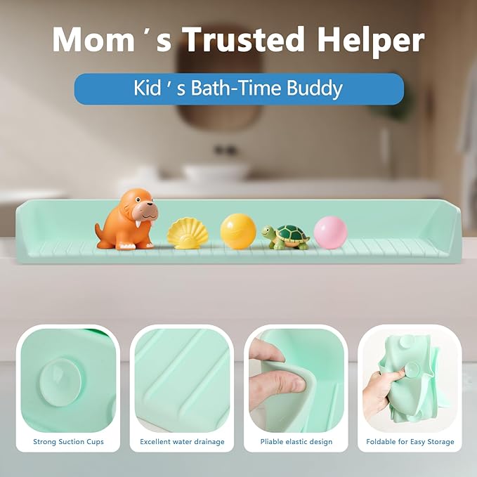 2.6-Ft Bathtub Splash Guard for Tub Kids, Silicone Splash Shield with 11 Suction Cups, Toy Tray Shelf, No Spill Water Barrier, Prevents Mess, Fun Bathtime for Toddlers Baby–Green