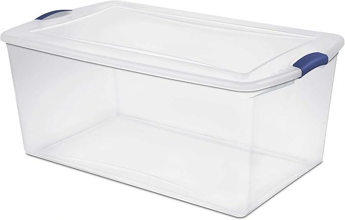 (2-PACK) 105 QT Plastic Transparent Storage Box, Equipped with a Blue Lock Mechanism, Stackable, Suitable for Household Items, Seasonal Clothing, Holiday Decorations and Garage Organization.