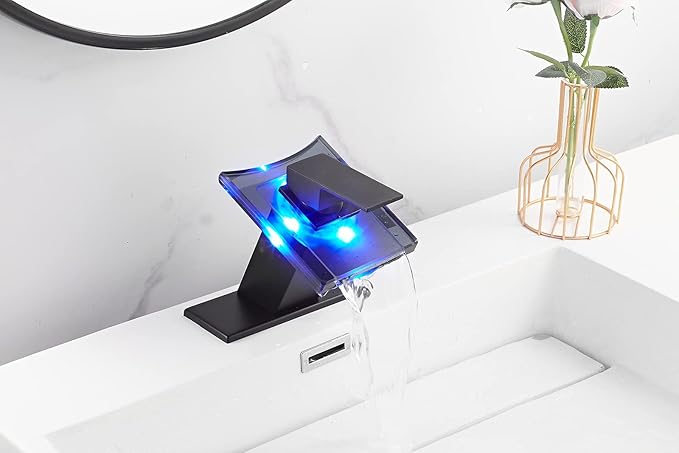 Black Bathroom Sink Faucet LED Light 3 Colors Changing Waterfall Glass Spout Hot and Cold Water Mixer Single Handle One Hole Deck Mounted Bathroom Faucet Lavatory Vanity Basin Mix Tap Commercial