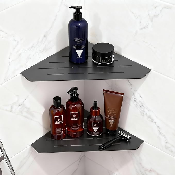 10" Corner Shower Shelf 2 Pcs Matte Black 304 Stainless Steel Diamond Heavy Duty Floating Corner Shelves Slot Design Recessed Bathroom Shower Shelf for 90° Tiled Wall, No Drilling Needed