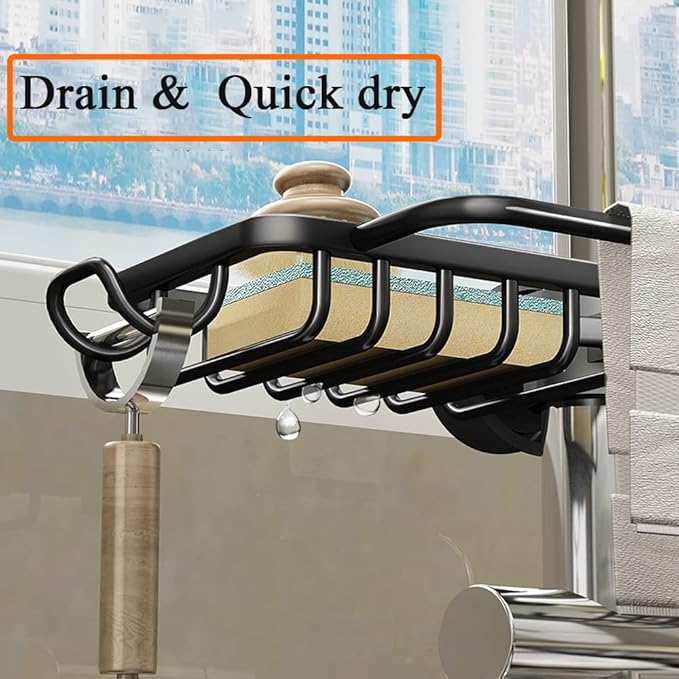 Faucet Sponge Holder Kitchen Sink Caddy Organizer - Over Faucet Hanging Drain Rack for Sink - Upgraded with Dishcloth Rack (Silver)