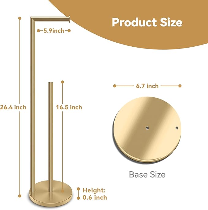 RRM Toilet Paper Holder Stand, Bathroom Free Standing Toilet Paper Holder with Reserve Storage 3-4 Toilet Paper Rolls, Double Rod 26.4-inch Stainless Steel Toilet Paper Storage (Golden)