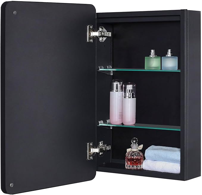 Lighted Bathroom Medicine Cabinet with Round Corner Framed Mirror Door 15 x 25 inch, Left Hand Opening, Recessed or Surface Mount, with Adjustable Glass Shelves
