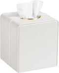 Luxury Square Tissue Box Cover, PU Leather Tissue Box Holder with Magnetic Closure and Gold Decorative Grommets for Bathroom Bedroom, Decorative Elegant Cube Tissue Holder (Cream)