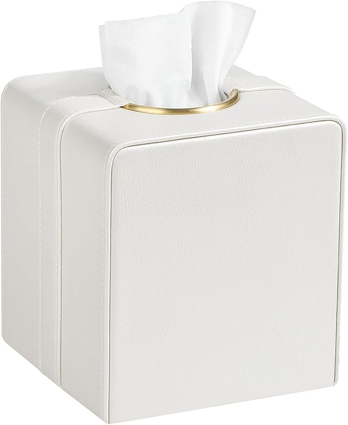 Luxury Square Tissue Box Cover, PU Leather Tissue Box Holder with Magnetic Closure and Gold Decorative Grommets for Bathroom Bedroom, Decorative Elegant Cube Tissue Holder (Cream)