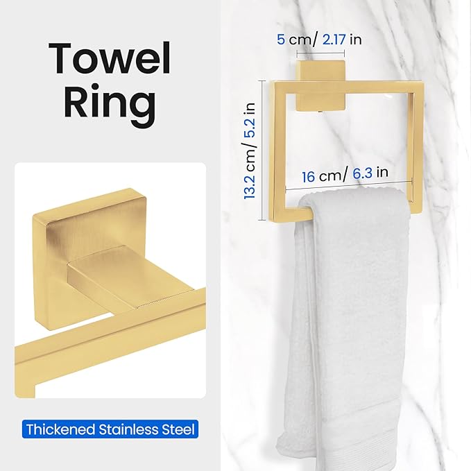 FAHKNS 10 PCS Bathroom Hardware Accessories Set 23.6 Inch Stainless Steel Bath Towel Bar Set Square Towel Ring Set for Bathroom Wall Mounted, Gold