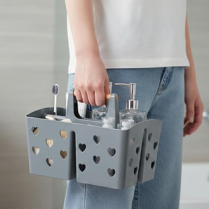 Gray Portable Shower Caddy with Handle, Large Plastic Shower Basket Organizer for College Dorm Room Essentials, Bathroom, Gym, Camping, Non-Slip Drainage Design for Toiletries & Cleaning Supplies