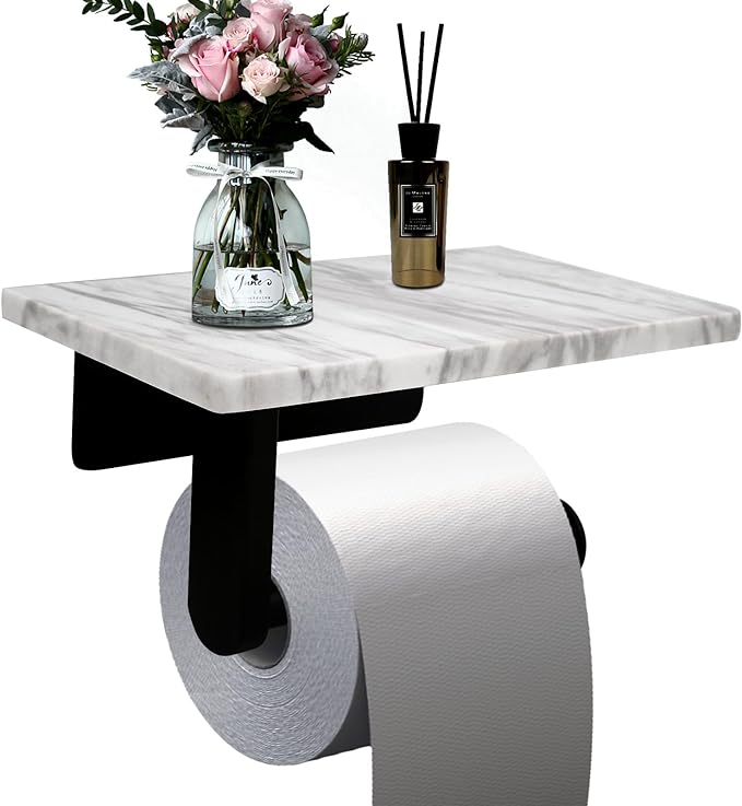 Toilet Paper Holder with Natural Marble Shelf for Bathroom Washroom,Wall Mounted Tissue Holder Suitable for Mega Rol(Middle 7.87 * 4.72 in, Matte Black)