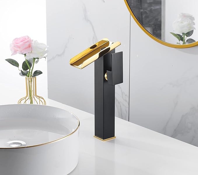 Bathroom Vessel Sink Faucet Black Gold Tall Spout Brass Waterfall Single Handle One Hole Bathroom Faucets Vanity Lavatory Bowl Sink Commercial Basin Water Supply Line Above Counter