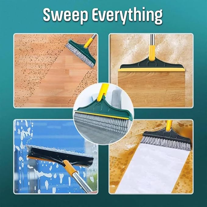 Bloame Cleaning Brush, 3 in 1 Floor Scrub Brush with Squeegee, 180° Rotating Long Handle Grout Crevice Brush, Heavy-Duty Soft Scraper for Cleaning Bathroom, Glass, Kitchen & Patio (Green)