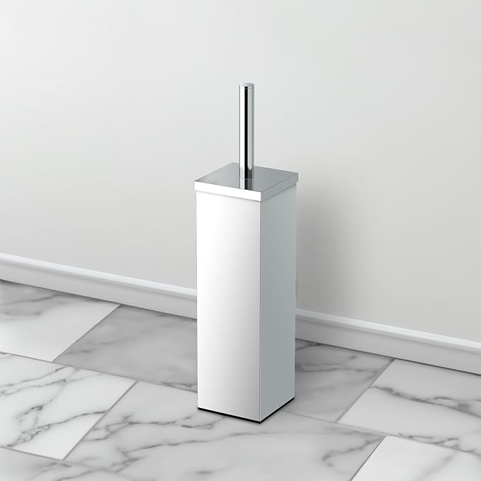 Gatco Modern Square Waste Basket and Toilet Brush Set, Chrome - Stainless Steel Trash Can with Removable Lid, Leakproof, 3 Gallon Capacity for Bathroom, Bedroom, Kitchen, or Office