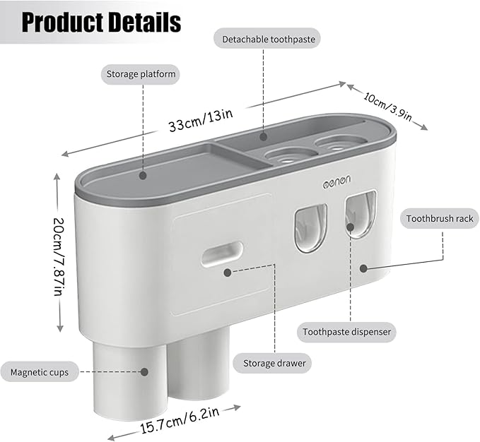 Toothbrush Holders Wall Mounted, Double Automatic Toothpaste Dispensers Squeezer Kit, Toothbrush Holder with Automatic Toothpaste Dispensers, 6 Brush Slots, 2 Magnetic Cups,1 Drawer and 1 Storage Tray