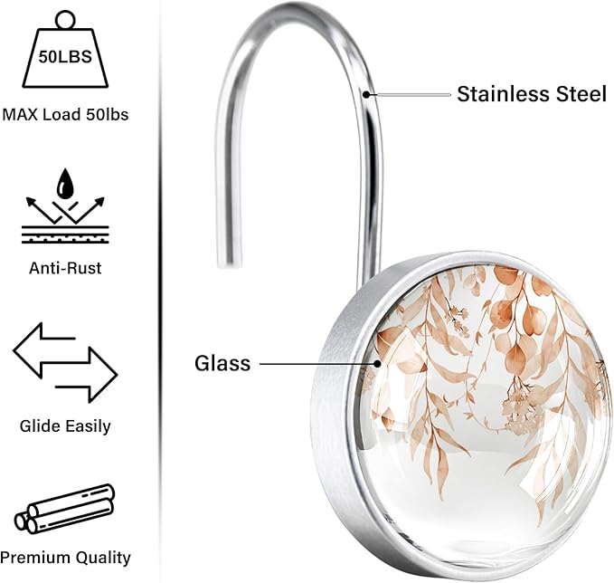 12 Pcs Orange Eucalyptus Decorative Shower Curtain Hooks Rustproof Stainless Steel Shower Rings Hanger for Modern Living Room Bedroom Bathroom Decor