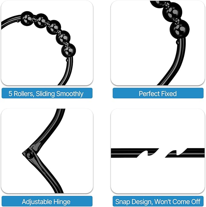 12PCS Wide Shower Curtain Hooks, Rust Proof Stainless Steel Shower Curtain Rings, Heavy Duty Shower Hooks for Shower Curtain Bathroom Curtain Hooks, Easy Glide Rollers, Set of 12, Black