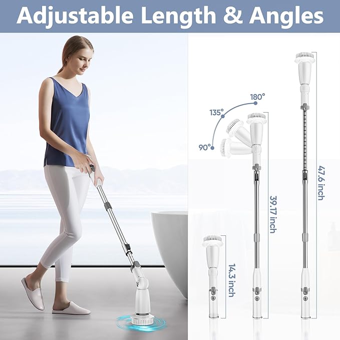 Electric Spin Scrubber Brush Cordless Shower Scrubber with Long Handle, 8 Brush Heads & 3 Adjustable Angles, Dual Speed Electric Scrubber for Cleaning, Automatic Cleaning Brush for Bathroom Tub Tile