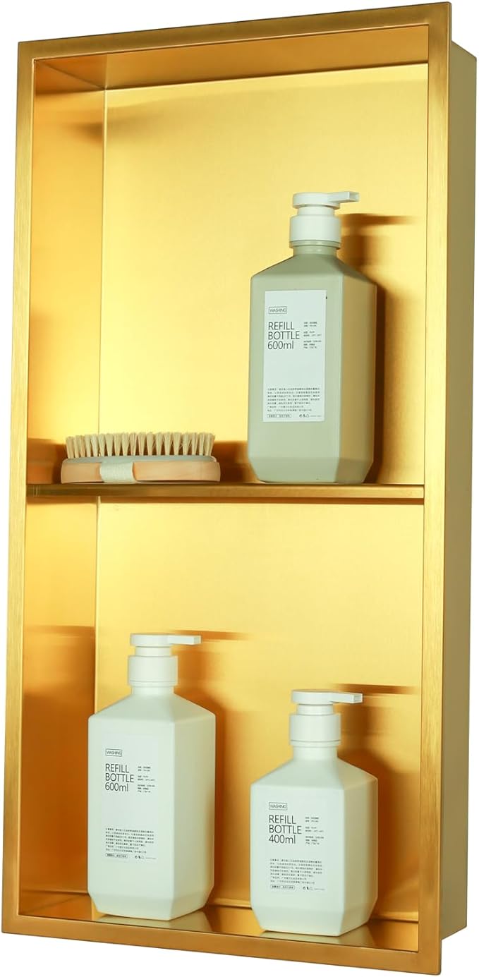 Non Tile Tube Niche Boxes for Showers,Bathroom Niche Double Shelves,Stainless Steel(Gold, 24 * 12 in)