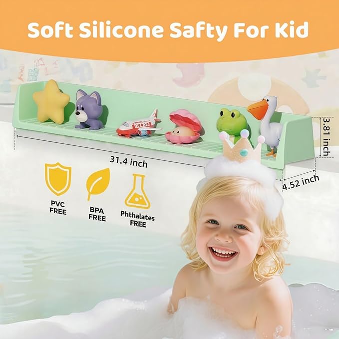 Bathtub Splash Guard for Kids - 2.6 Ft Length with Toy Tray & 11 Strong Suction Cups, Silicone Splash Guard for Easy Clean & Fold,Universal for Tubs,Bathroom & Kitchen Sinks
