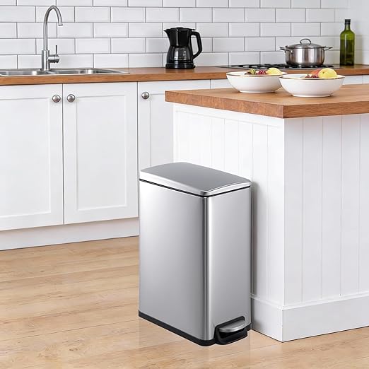 Garvee Slim Trash Can with Lid, 12 Gal (45 L) Stainless Steel Kitchen Garbage Can with Inner Bucket and Step On Foot Pedal, Narrow Metal Trash Bin, Silver