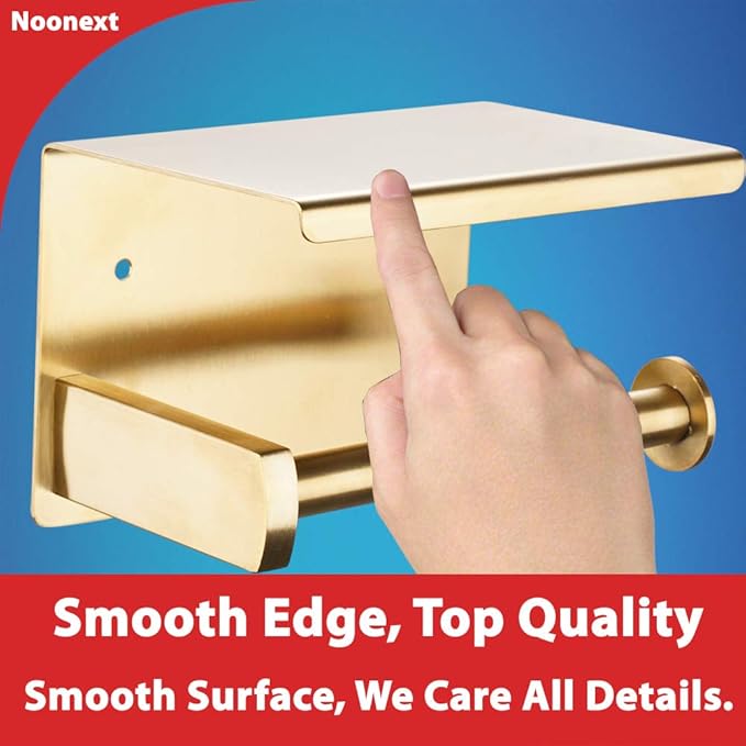 Adhesive Toilet Paper Holder with Shelf, SUS304 Stainless Steel Toilet Paper Roll Holder, Brushed Gold, No Drilling or Wall-Mounted with Screws
