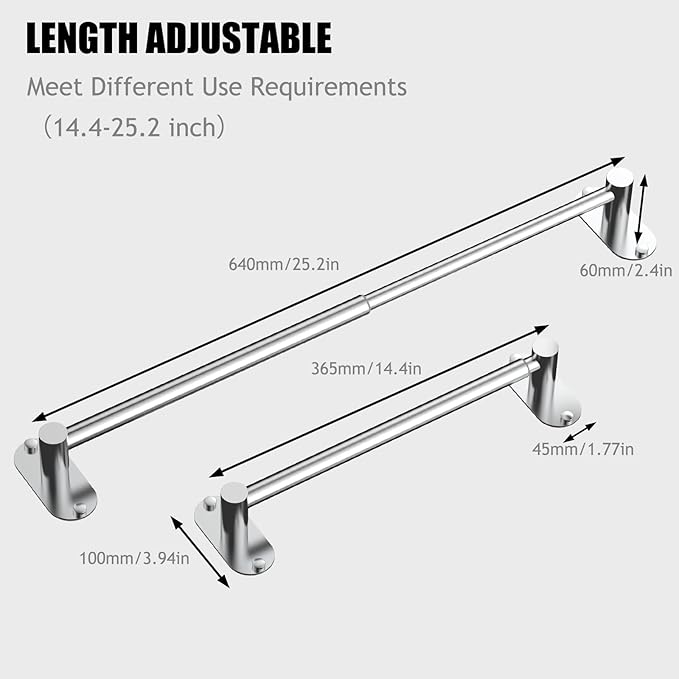 Towel Bar, Adjustable 14.4inch - 25.2inch Towel Rack, Self Adhesive & Wall Mounted for Bathroom Kitchen Hand Towel Holder Cloths Hanger 304 Stainless Steel Organizer Single Bar (2, Chrome)