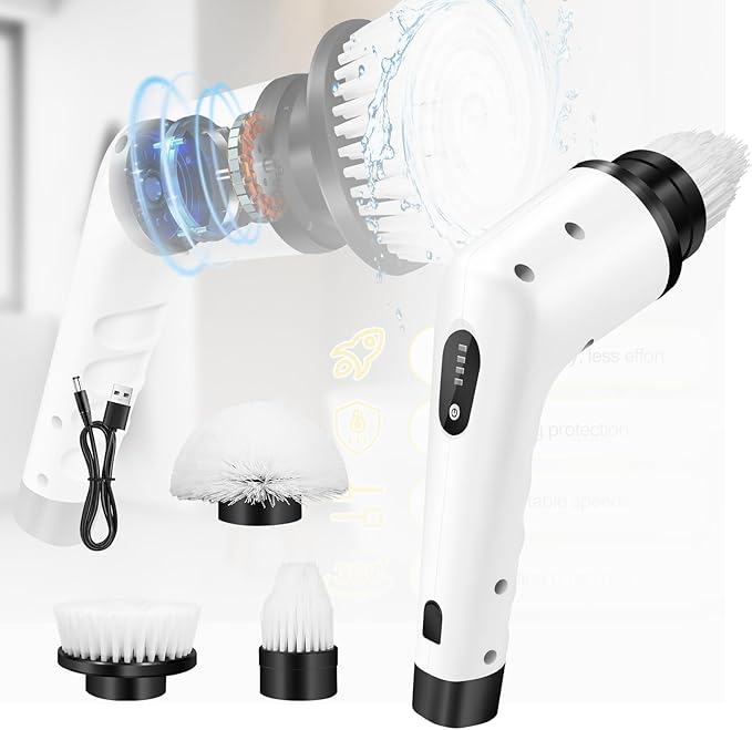Handheld Cleaning Brush,Cordless Electric Spin Scrubber with 2 Speeds, Electric Spin Scrubber with 3 Replaceable Brush Heads,Rechargeable Small Cleaning Brush for Tile,Tub,Kitchen,Floor Bathroom