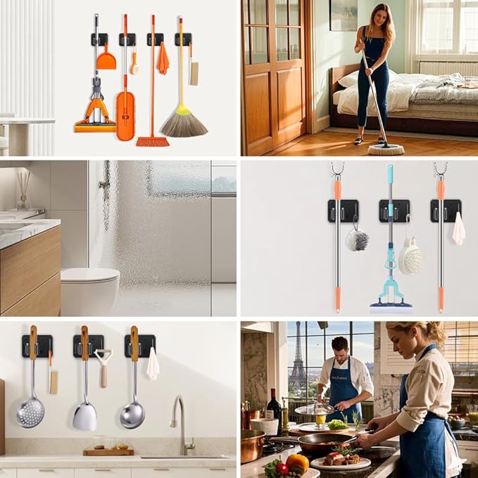 4-Pack Single Mop Holder with A Sturdy Hook. Non-Slip Broom Dustpan Rack, Wall Mount Stainless Steel Storage Hanger with Screws for Garage Bathroom Garden Kitchen, Matte Black.