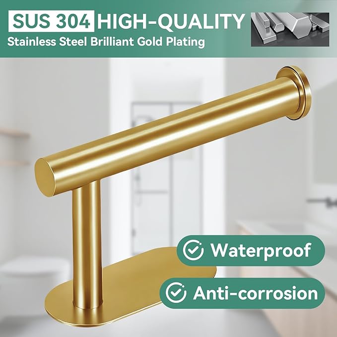 2 Pack Gold Toilet Paper Holder Self Adhesive no Drilling Wall Mount SUS304 Stainless Steel Rustproof Toilet Roll Holder for Bathroom, Washroom