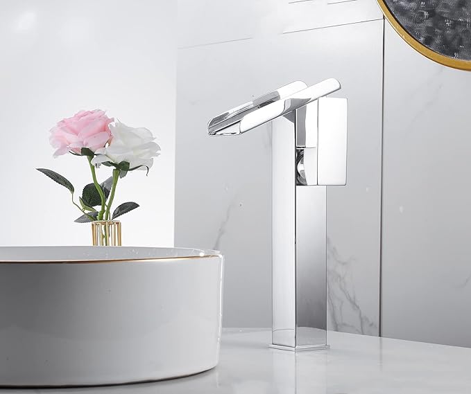 Bathroom Vessel Sink Faucet Chrome Waterfall Single Handle One Hole Bathroom Faucets Tall Brass Vanity Lavatory Bowl Sink Modern Commercial Basin Mix Tap Deck Mount Water Supply Hose