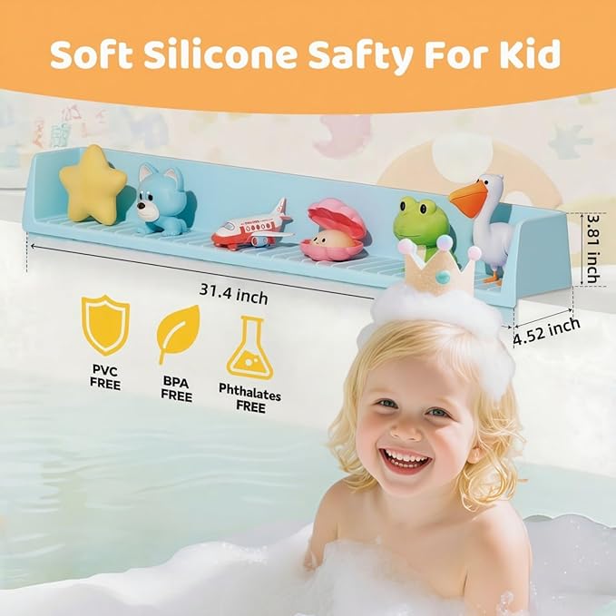 Bathtub Splash Guard for Kids - 2.6 Ft Length with Toy Tray & 11 Strong Suction Cups, Silicone Splash Guard for Easy Clean & Fold,Universal for Tubs,Bathroom & Kitchen Sinks