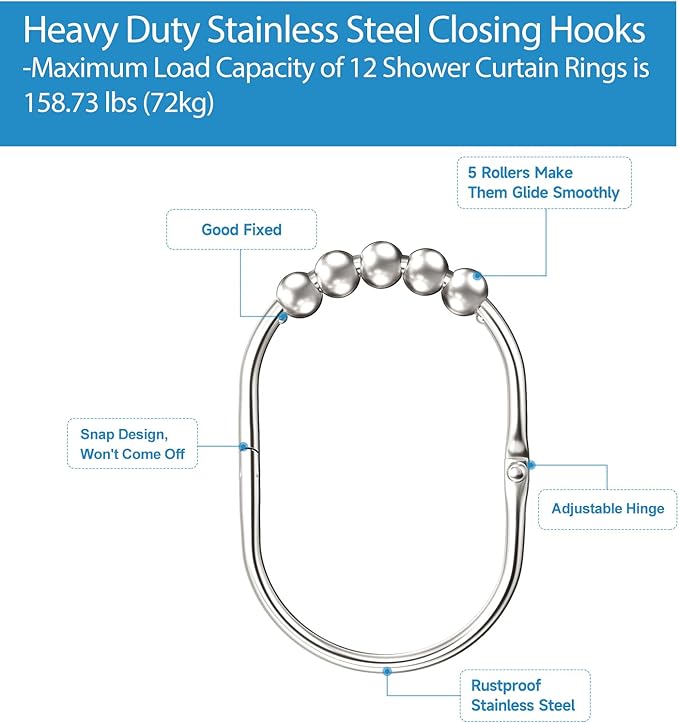 12PCS Wide Shower Curtain Hooks, Rust Proof Stainless Steel Shower Curtain Rings, Heavy Duty Shower Hooks for Bathroom Shower Rods Curtains, Easy Glide Rollers, Set of 12, Bright Chrome