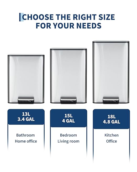 Garvee Space-Saving Bathroom Trash Can, 3.4 Gallon Small Trash Can with Soft-Close Lid, Foot Pedal & Removable Inner Bucket, Rectangular Stainless Steel Garbage Can for Home, Office, Silver