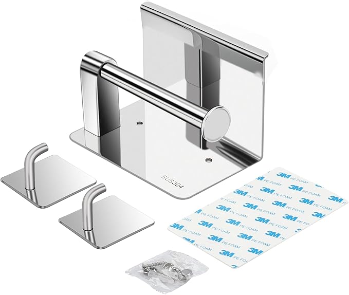Self Adhesive or Screw Wall Mounted Toilet Paper Roll Holder with Phone Shelf, SUS 304 Stainless Steel Wall Mounted Toilet Paper Roll Holder - Stainless Steel Bathroom Hardware Set (Shiny)