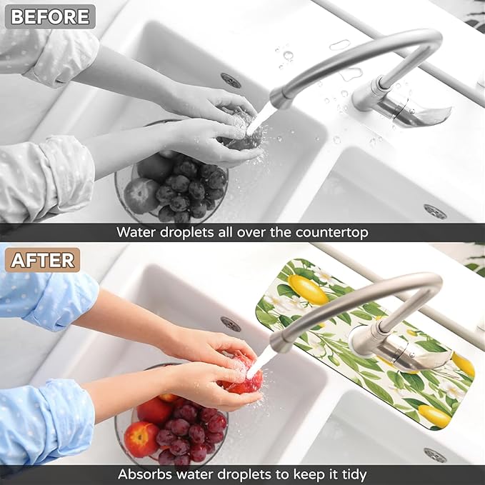 Lemon Blossom Pattern Kitchen Faucet Mat Splash Guard, 15.4”x5.7” Absorbent Quick Drying Sink Mat for Countertop Protection, Draining Mat Sink Protectors For Kitchen Bathroom, 2 Pack