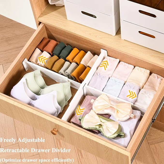 Expandable Closet Organizer Set, 6-Pack, 14.8"-25.8" Adjustable, 3.7" High, Plastic Storage Dividers for Drawers, Dresser, Kitchen, Bedroom, Office