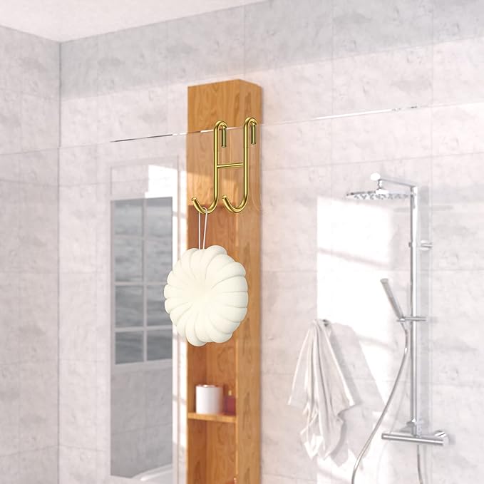 Shower Door Hooks, 3 Pack Over Shower Glass Door Hook, Plated Gold, 304 Stainless Steel Rack Hooks, Frameless Bathroom Hanger Drilling-Free, Glue-Free Towel Hooks, for 0.47inch(12mm) Thickness Glass