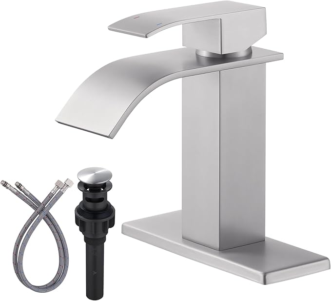 Waterfall Bathroom Faucet Brushed Nickel: ARCORA Single Hole Bathroom Sink Faucet Mixer Tap with Supply Lines and Pop Up Drain