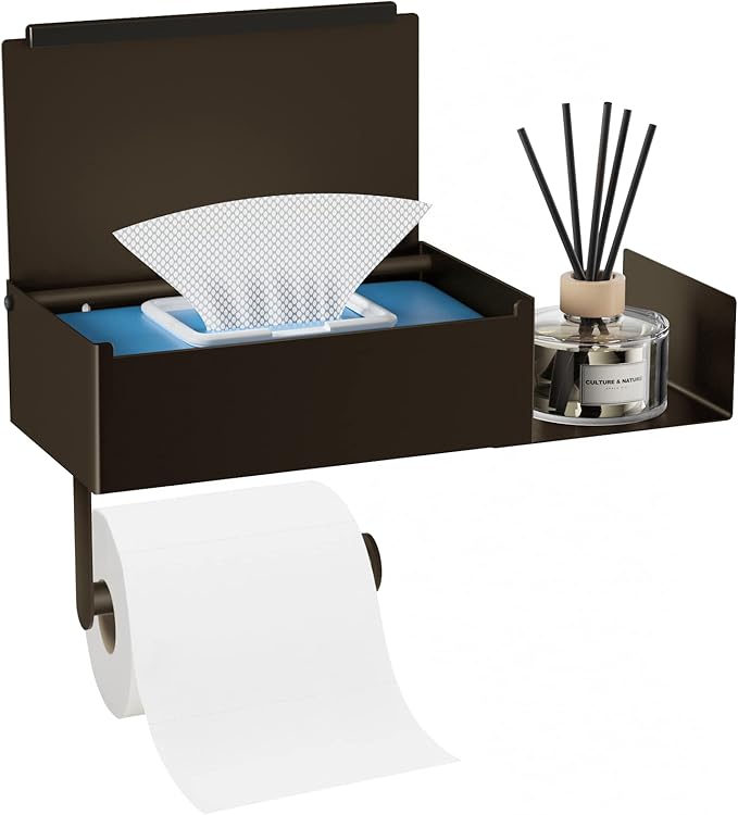 Toilet Paper Holder with Shelf, FUNLEU Flushable Wipes Dispenser for Bathroom, Self Adhesive Toilet Paper Holder with Storage - Stainless Steel Toilet Holder Keep Wipes Hidden Out of Sight, Bronze