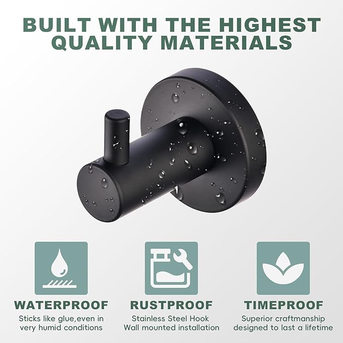 Matte Black Stainless Steel Clothes Hook Suitable for Bathroom Kitchen Bedroom(2 Packs)