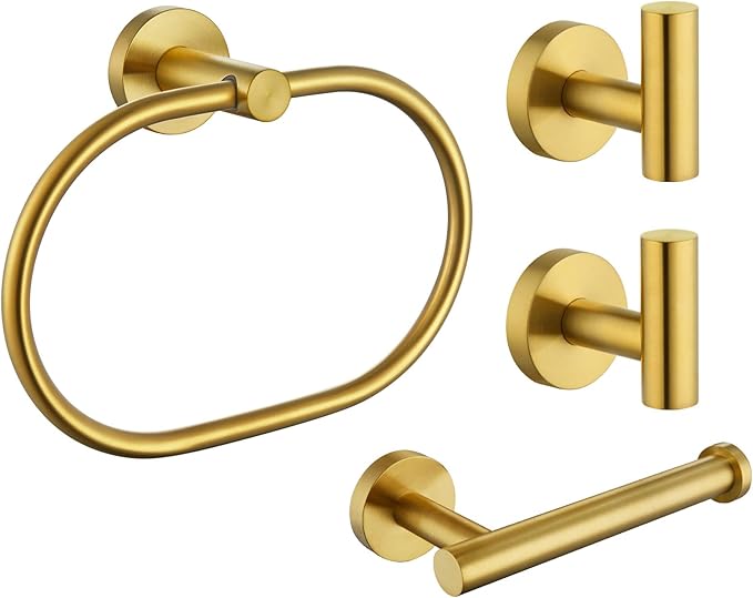Bathroom Hardware Set 4-Piece Brushed Gold, Angle Simple SUS304 Stainless Steel Bathroom Fixtures Accessory Kit with Towel Hook X 2, Toilet Paper Holder and Rotary Towel Ring, Wall Mount